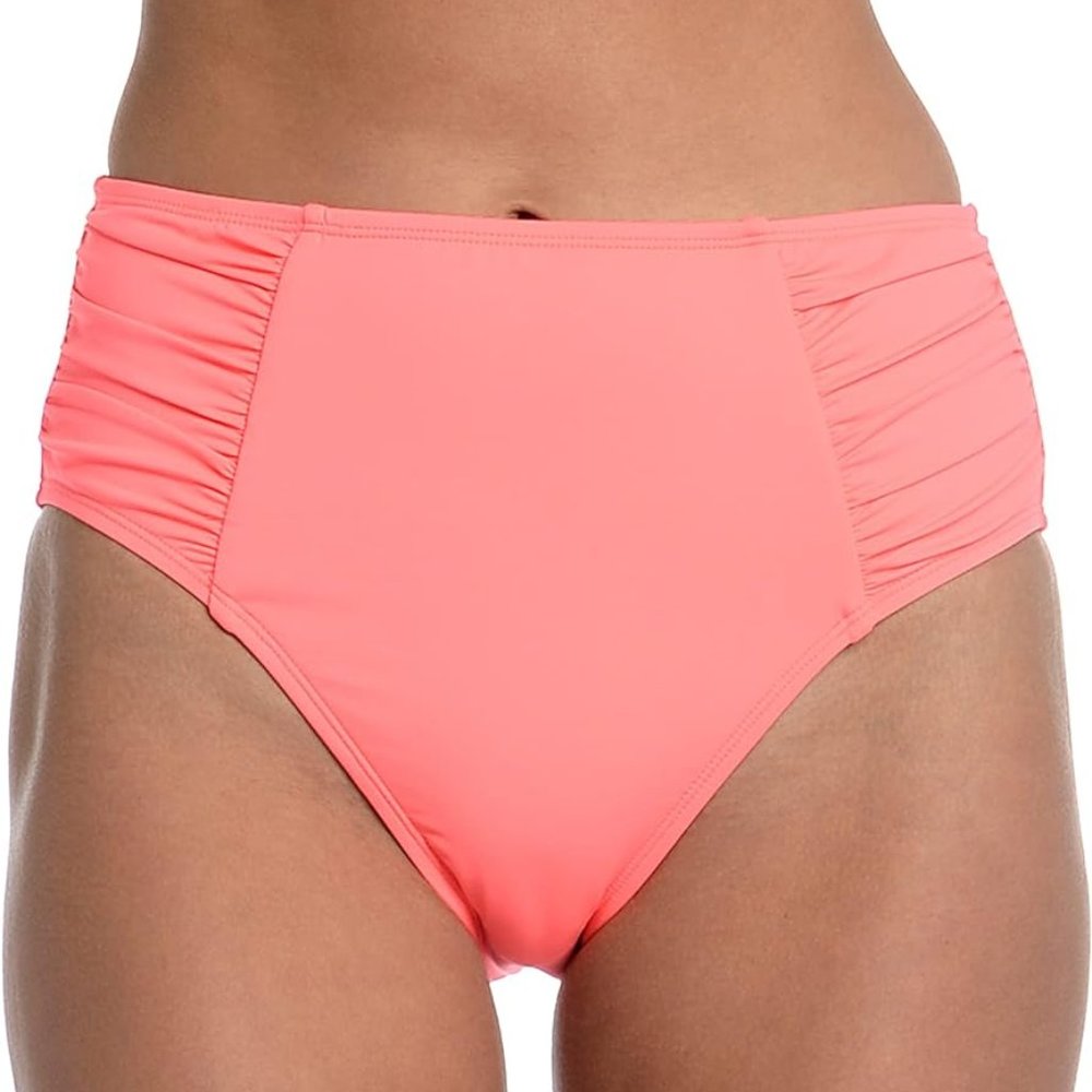 La Blanca Island Goddess Side Shirred High Waist Bikini Bottom Hot Coral Size 8